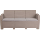 Light Gray Faux Rattan Sofa with All-Weather Light Gray Cushions