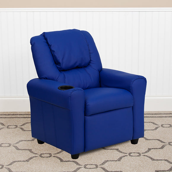 Contemporary Blue Vinyl Kids Recliner with Cup Holder and Headrest by Office Chairs PLUS