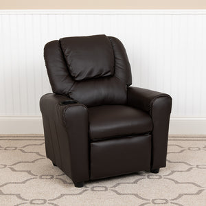Contemporary Brown LeatherSoft Kids Recliner with Cup Holder and Headrest by Office Chairs PLUS