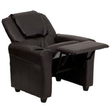 Contemporary Brown LeatherSoft Kids Recliner with Cup Holder and Headrest