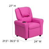 Contemporary Hot Pink Vinyl Kids Recliner with Cup Holder and Headrest