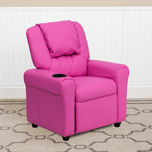 Contemporary Hot Pink Vinyl Kids Recliner with Cup Holder and Headrest by Office Chairs PLUS