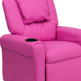 Contemporary Hot Pink Vinyl Kids Recliner with Cup Holder and Headrest