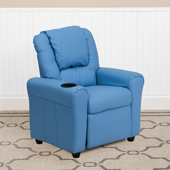 Contemporary Light Blue Vinyl Kids Recliner with Cup Holder and Headrest by Office Chairs PLUS