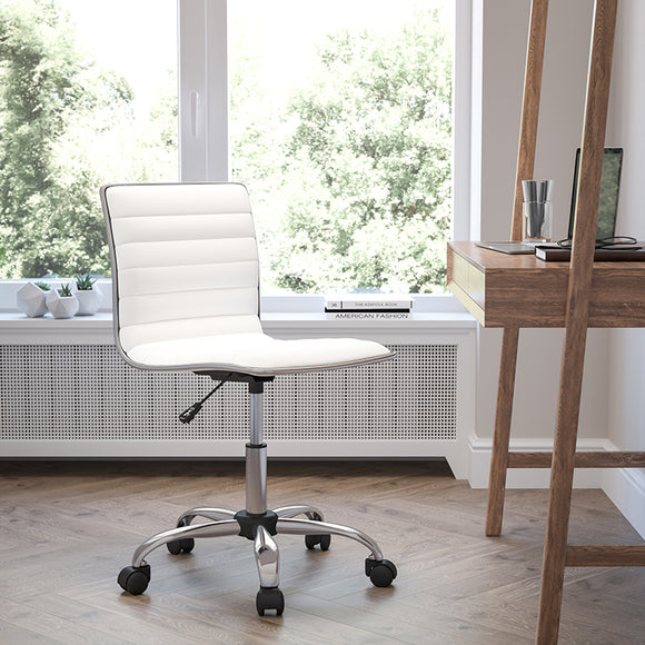 Low Back Designer Armless White Ribbed Swivel Task Office Chair
