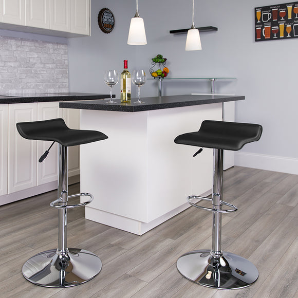 Contemporary Black Vinyl Adjustable Height Barstool with Solid Wave Seat and Chrome Base by Office Chairs PLUS