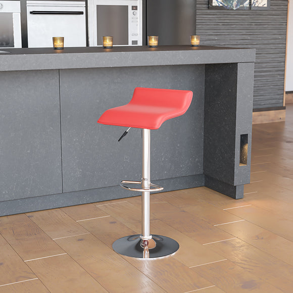 Contemporary Red Vinyl Adjustable Height Barstool with Solid Wave Seat and Chrome Base by Office Chairs PLUS