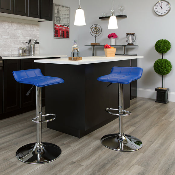 Contemporary Blue Vinyl Adjustable Height Barstool with Quilted Wave Seat and Chrome Base by Office Chairs PLUS