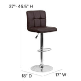 Contemporary Brown Quilted Vinyl Adjustable Height Barstool with Chrome Base