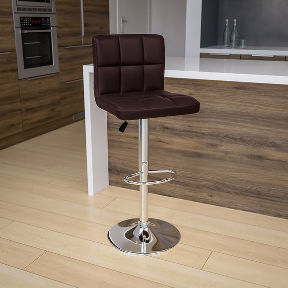 Contemporary Brown Quilted Vinyl Adjustable Height Barstool with Chrome Base by Office Chairs PLUS