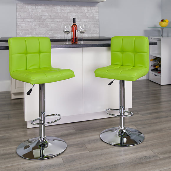 Contemporary Green Quilted Vinyl Adjustable Height Barstool with Chrome Base by Office Chairs PLUS