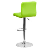 Contemporary Green Quilted Vinyl Adjustable Height Barstool with Chrome Base