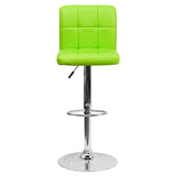 Contemporary Green Quilted Vinyl Adjustable Height Barstool with Chrome Base