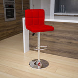 Contemporary Red Quilted Vinyl Adjustable Height Barstool with Chrome Base by Office Chairs PLUS