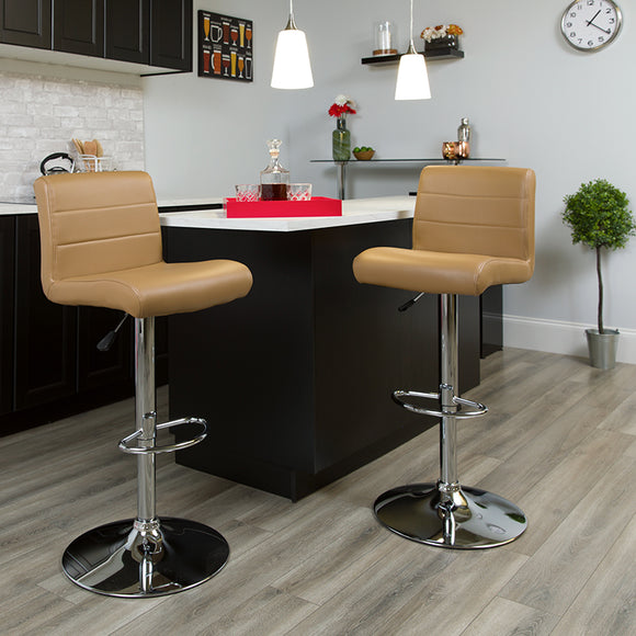 Contemporary Cappuccino Vinyl Adjustable Height Barstool with Rolled Seat and Chrome Base by Office Chairs PLUS