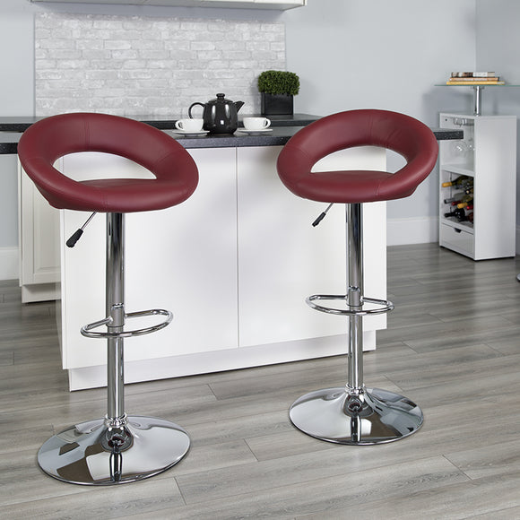 Contemporary Burgundy Vinyl Rounded Orbit-Style Back Adjustable Height Barstool with Chrome Base by Office Chairs PLUS