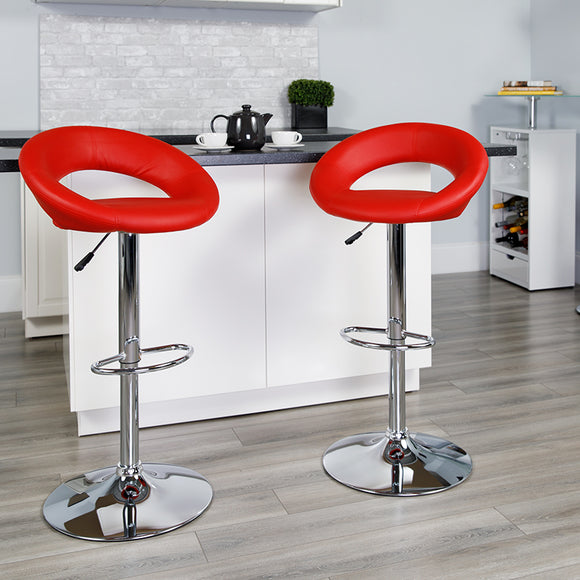 Contemporary Red Vinyl Rounded Orbit-Style Back Adjustable Height Barstool with Chrome Base by Office Chairs PLUS