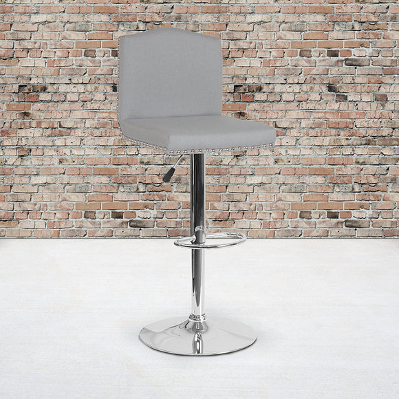 Bellagio Contemporary Adjustable Height Barstool with Accent Nail Trim in Light Gray Fabric by Office Chairs PLUS