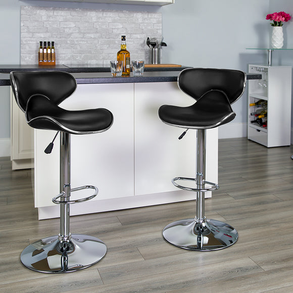 Contemporary Cozy Mid-Back Black Vinyl Adjustable Height Barstool with Chrome Base by Office Chairs PLUS
