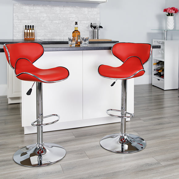 Contemporary Cozy Mid-Back Red Vinyl Adjustable Height Barstool with Chrome Base by Office Chairs PLUS