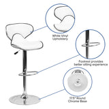 Contemporary Cozy Mid-Back White Vinyl Adjustable Height Barstool with Chrome Base