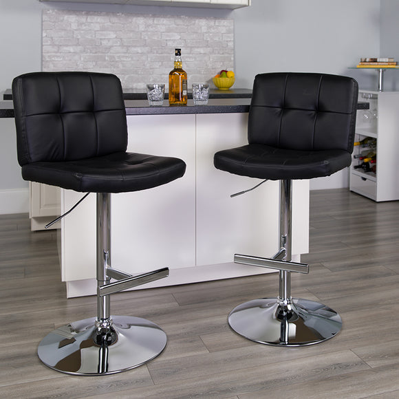Contemporary Black Vinyl Adjustable Height Barstool with Square Tufted Back and Chrome Base by Office Chairs PLUS
