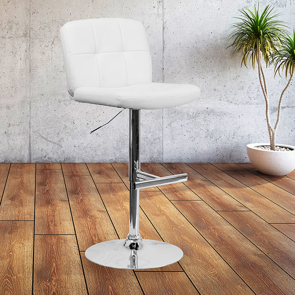 Contemporary White Vinyl Adjustable Height Barstool with Square Tufted Back and Chrome Base by Office Chairs PLUS