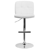 Contemporary White Vinyl Adjustable Height Barstool with Square Tufted Back and Chrome Base