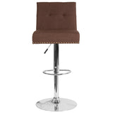 Ravello Contemporary Adjustable Height Barstool with Accent Nail Trim in Brown Fabric