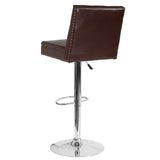 Ravello Contemporary Adjustable Height Barstool with Accent Nail Trim in Brown LeatherSoft
