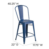 Commercial Grade 24" High Distressed Antique Blue Metal Indoor-Outdoor Counter Height Stool with Back