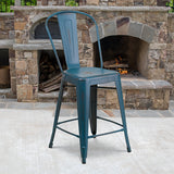 Commercial Grade 24" High Distressed Antique Blue Metal Indoor-Outdoor Counter Height Stool with Back by Office Chairs PLUS