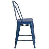 Commercial Grade 24" High Distressed Antique Blue Metal Indoor-Outdoor Counter Height Stool with Back