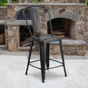 Commercial Grade 24" High Distressed Black Metal Indoor-Outdoor Counter Height Stool with Back by Office Chairs PLUS