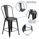 Commercial Grade 24" High Distressed Black Metal Indoor-Outdoor Counter Height Stool with Back