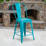 Commercial Grade 24" High Crystal Teal-Blue Metal Indoor-Outdoor Counter Height Stool with Back by Office Chairs PLUS