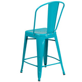 Commercial Grade 24" High Crystal Teal-Blue Metal Indoor-Outdoor Counter Height Stool with Back