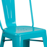 Commercial Grade 24" High Crystal Teal-Blue Metal Indoor-Outdoor Counter Height Stool with Back