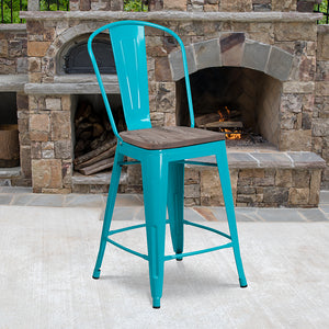 24" High Crystal Teal-Blue Metal Counter Height Stool with Back and Wood Seat by Office Chairs PLUS