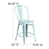 Commercial Grade 24" High Distressed Green-Blue Metal Indoor-Outdoor Counter Height Stool with Back