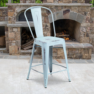 Commercial Grade 24" High Distressed Green-Blue Metal Indoor-Outdoor Counter Height Stool with Back by Office Chairs PLUS