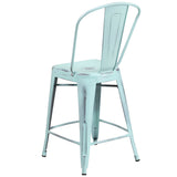 Commercial Grade 24" High Distressed Green-Blue Metal Indoor-Outdoor Counter Height Stool with Back