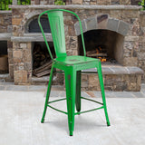 Commercial Grade 24" High Distressed Green Metal Indoor-Outdoor Counter Height Stool with Back by Office Chairs PLUS