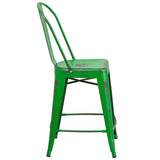Commercial Grade 24" High Distressed Green Metal Indoor-Outdoor Counter Height Stool with Back