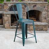 Commercial Grade 24" High Distressed Kelly Blue-Teal Metal Indoor-Outdoor Counter Height Stool with Back by Office Chairs PLUS
