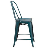 Commercial Grade 24" High Distressed Kelly Blue-Teal Metal Indoor-Outdoor Counter Height Stool with Back