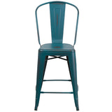 Commercial Grade 24" High Distressed Kelly Blue-Teal Metal Indoor-Outdoor Counter Height Stool with Back