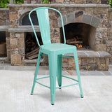 Commercial Grade 24" High Mint Green Metal Indoor-Outdoor Counter Height Stool with Back by Office Chairs PLUS
