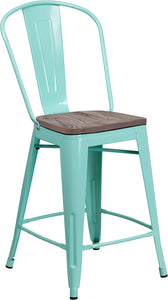 24" High Mint Green Metal Counter Height Stool with Back and Wood Seat by Office Chairs PLUS