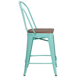 24" High Mint Green Metal Counter Height Stool with Back and Wood Seat